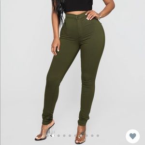 Super High waist denim skinnies in olive by FN